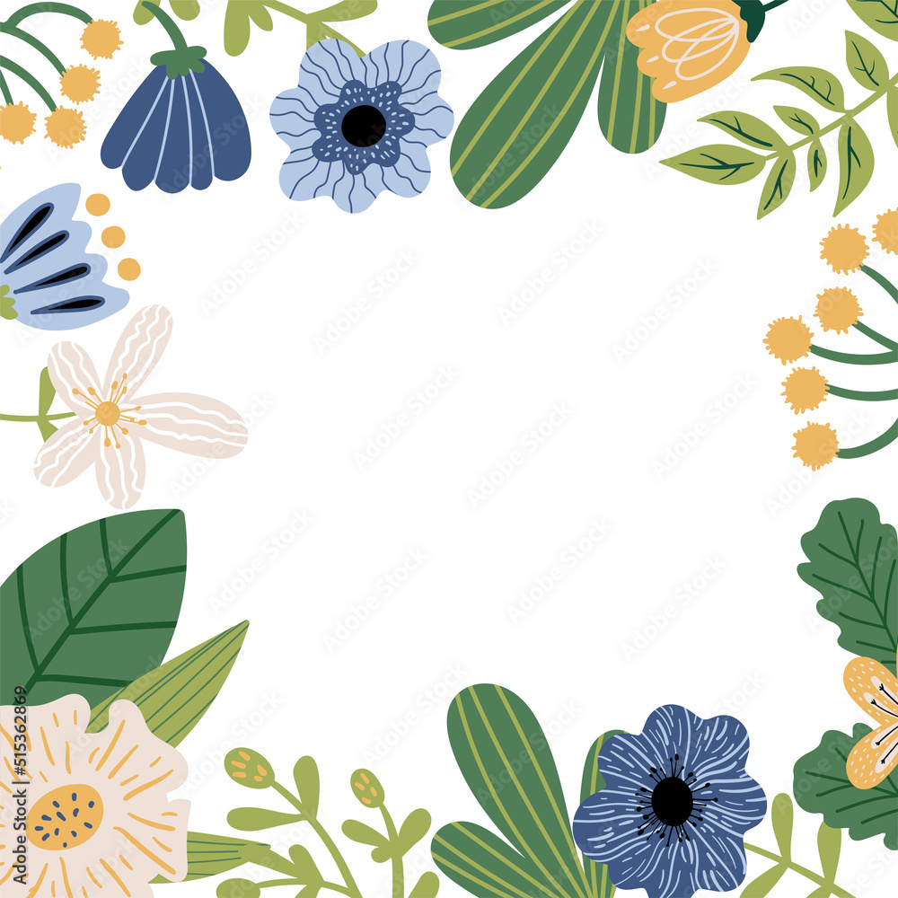Cartoon floral frame with flowers, leaves, plants Cartoon floral frame with flowers, leaves, plants