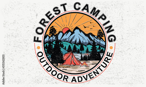 Adventure at the mountain graphic artwork for t shirt and others. Mountain with tree retro print design. Forest camping.