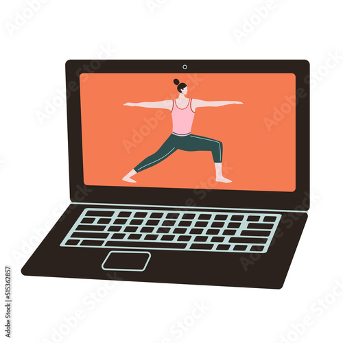 Yoga online lessons. Tutorial video on a laptop. Healthy lifestyle concept. Flat style