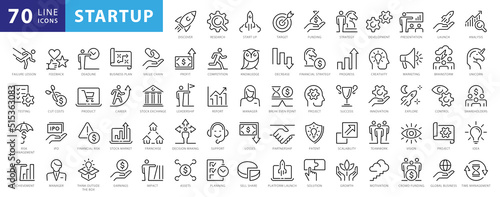 Set of 70 Start up web icons in line style. Creative, idea, target, innovation, business, marketing. Vector illustration