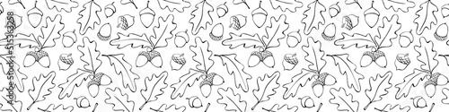 Seamless pattern with oak leaves, acorns. Vector autumn texture isolated, hand drawn in doodle style, black outline. Concept of forest, leaf fall, nature, thanksgiving