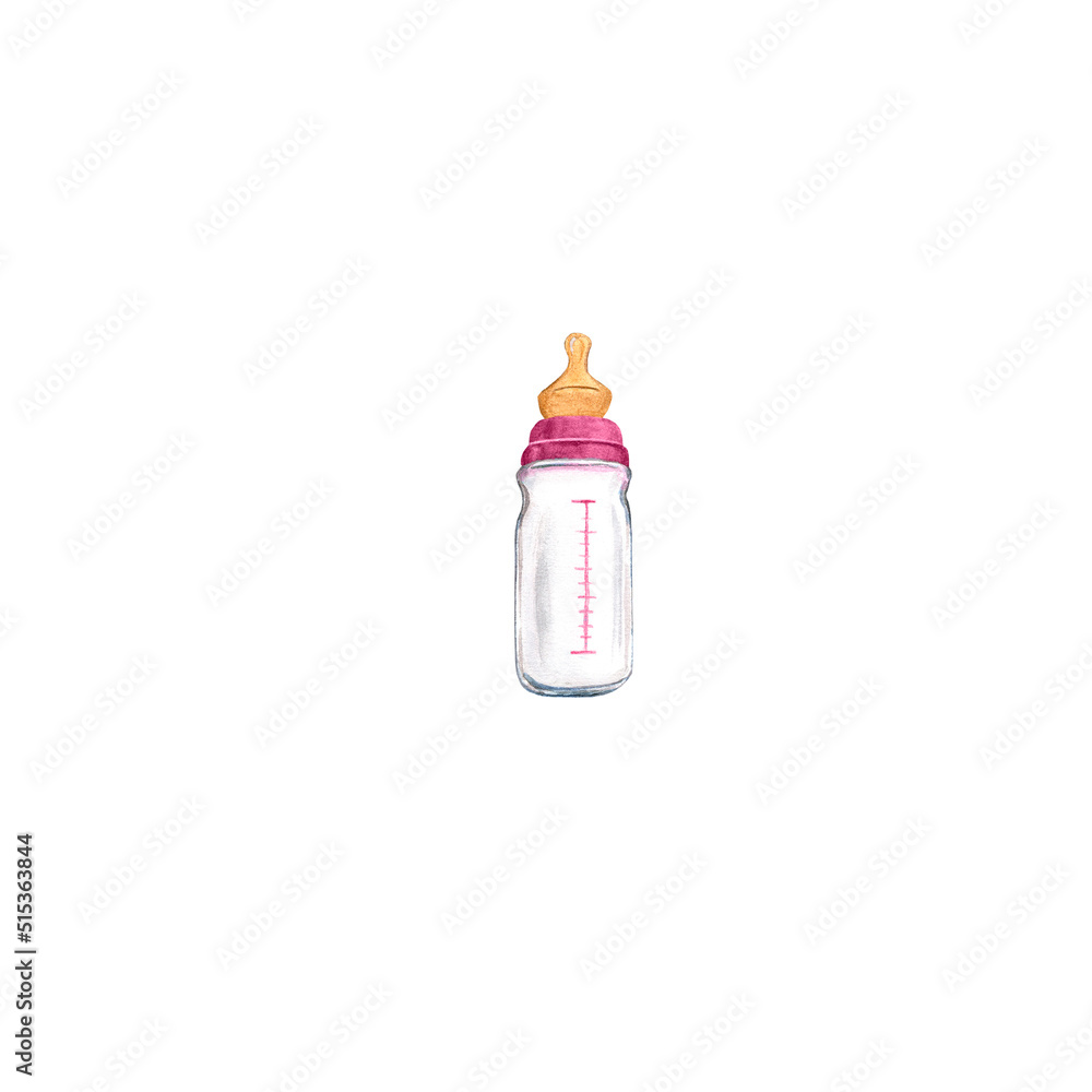 Pink baby milk bottle for girl. Art watercolor illustration isolated on ...