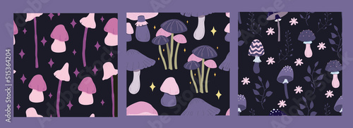 Set seamless pattern magic hallucinogenic mushrooms. Fantasy cute elements. Cute cartoon mushrooms on the grass. Modern design print for cloth, wallpaper, decor interior. Hippie style. Vector float.