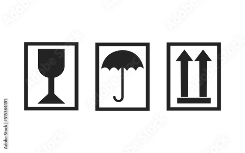 Signs and icons on products, goods, labels, packaging. Beware, fragile item. Keep away from moisture. Top of item. Indicates the correct vertical position of the load. Handle whith care. Vector