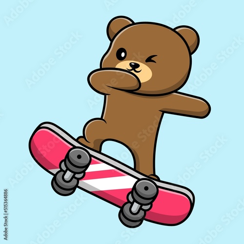 Cute Bear Playing Skateboard Cartoon Vector Icon Illustration. Animal Sport Icon Concept Isolated Premium Vector