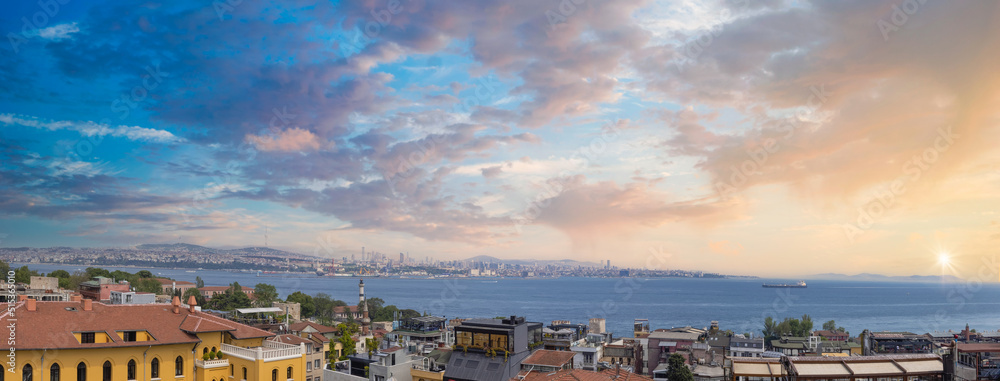 Turkey, Panoramic view of Bosphorus strait in Istanbul, ships in Bosporus approaching the port.