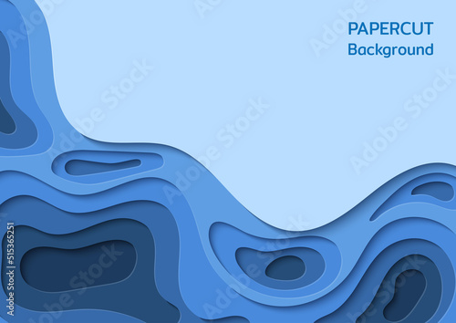 Paper cut background. Abstract paper art. Vector design Wavy geometric liquid flow graphic in blue color.
