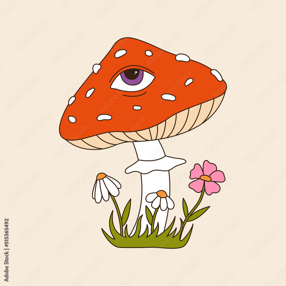 Retro groovy mushroom with one eye. 60s and 70s vibes psychedelic