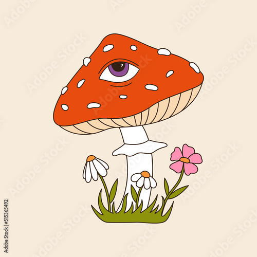 Retro groovy mushroom with one eye. 60s and 70s vibes psychedelic vector clipart. Cartoon hippie mystic forest element. Vintage boho illustration. Abstract trippy art