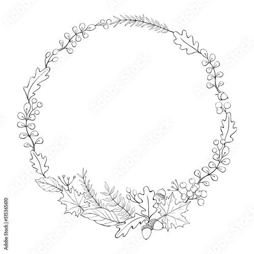 Vector wreath of autumn leaves, acorns, berries. Doodle contoured illustration. Round frame, border. Black outline on white background. Theme is forest, happy fall, thanksgiving