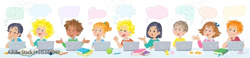 Children of different nationalities with their laptops are sitting in the classroom. Various emotions. Banner with speech bubbles. In cartoon style. Isolated on white background. Vector illustration