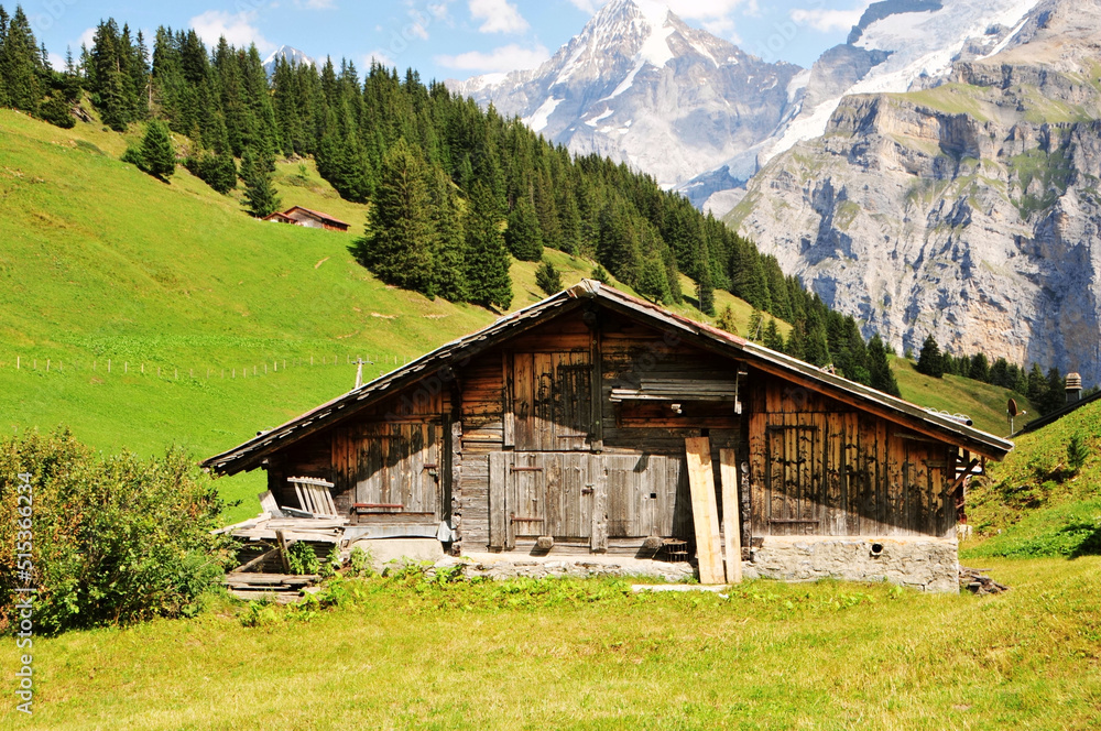 Traditional wooden houses in the valleys of the Swiss Alps