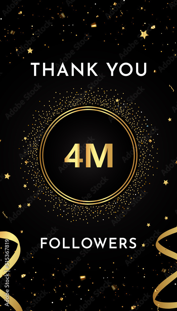Thank you 4M or 4 million followers with gold glitters and confetti isolated on black background. Premium design for banner, social networks, poster, subscribers, and greeting card.