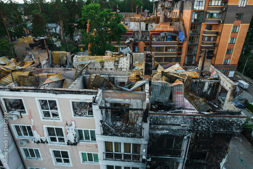 a house in Irpen destroyed by shells of Russian occupiers, drone view