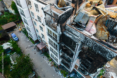 a house in Irpen destroyed by shells of Russian occupiers, drone view