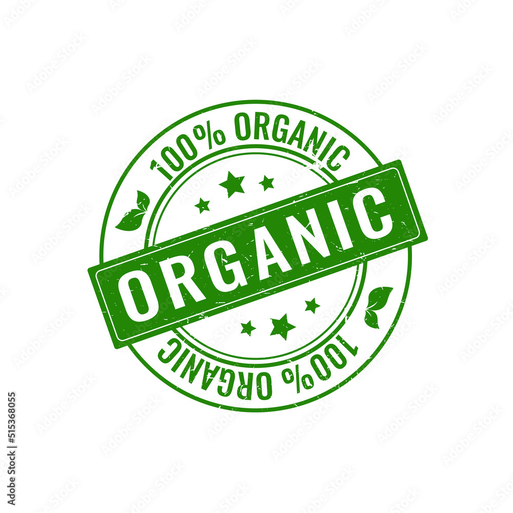 One hundred percent organic. Green organic icon with shabby texture. Label for organic product, stamp logo One hundred percent organic. Green organic icon with shabby texture. Label for organic product, stamp logo