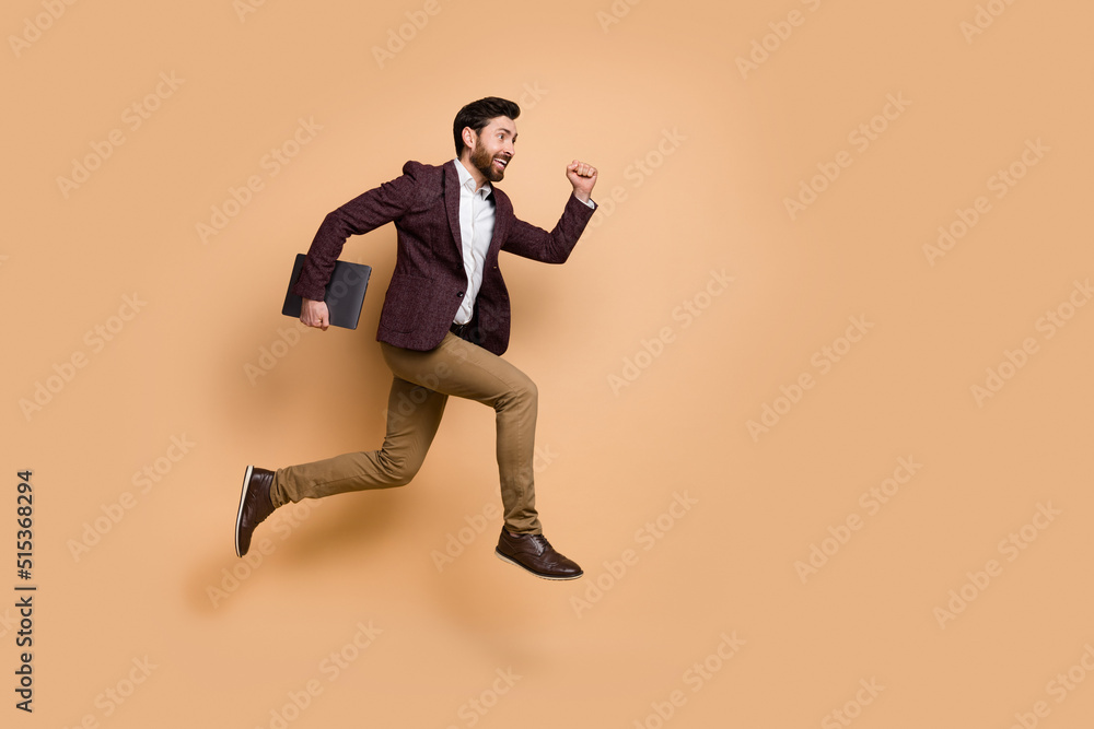 Full body profile side photo of crazy businessman hurry to work conference meeting isolated on beige color background