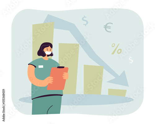 Doctor in medical mask and waning income statistic. Therapist analyzing cost of medication flat vector illustration. Medicine, crisis, finance concept for banner, website design or landing web page