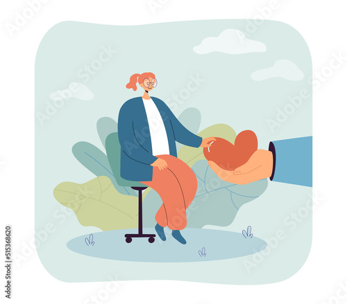 Human hand giving heart to girl flat vector illustration. Girl sitting and stroking heart, accepting help and care. Love, assistance, support concept for banner, website design or landing web page