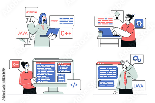 Programming working concept set in flat line design. Men and women work with programming languages on screens, write code or scripts for new apps. Vector illustration with outline people scene for web