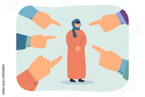 Fingers pointing at Muslim girl in hijab. Discrimination of Islam flat vector illustration. Acceptance, bullying, aggression concept for banner, website design or landing web page
