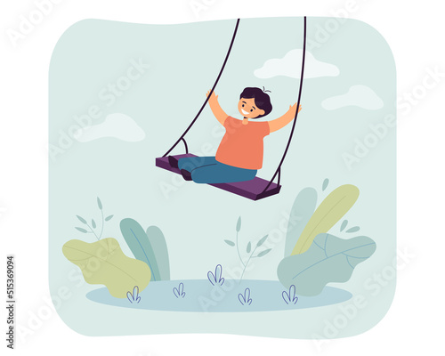 Happy little boy swinging on swing flat vector illustration. Kid smiling  having fun and relaxing. Recreation  childhood  outdoor activity concept for banner  website design or landing web page