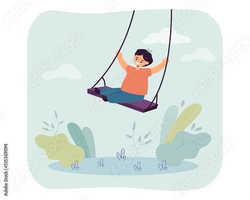 Happy little boy swinging on swing flat vector illustration. Kid smiling, having fun and relaxing. Recreation, childhood, outdoor activity concept for banner, website design or landing web page
