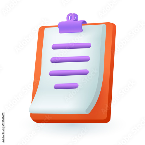 3d cartoon style clipboard with document icon. Realistic paper holder with contract or agreement flat vector illustration. Management, information, assignment concept