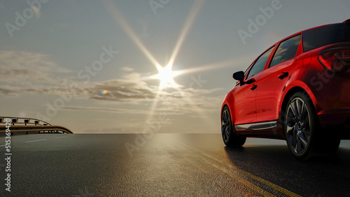 Red car sedan rides on the road towards the sun, concept for advertising. 3D illustration.