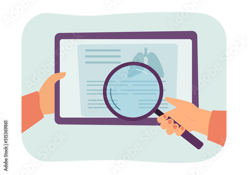Doctor looking at chest X-ray through magnifier. Therapist examining X-ray image of lungs flat vector illustration. Medicine, health, hospital concept for banner, website design or landing web page