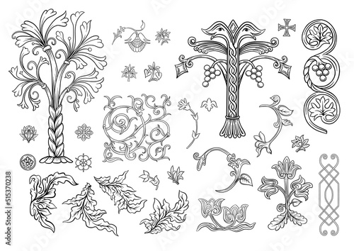 Byzantine traditional historical motifs of animals, birds, flowers and plants Clip art, set of elements for design Outline vector illustration.