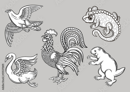 Symbolic heraldic animals and birds. Set off eagle, beaver, rooster, swan and salamander.Traditional character styles for coats of arms and shields. Clip art, elements for design Vector illustration.