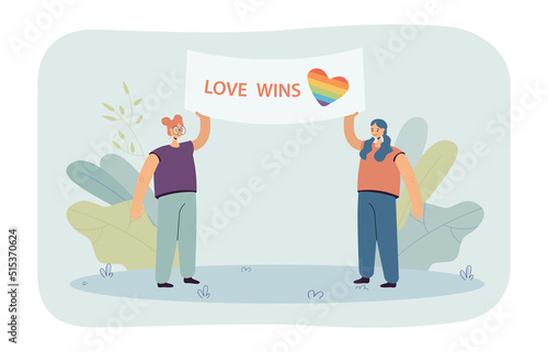 Girls holding placard with phrase love wins. People opposing discrimination during pride month flat vector illustration. Demonstration, LGBT concept for banner, website design or landing web page