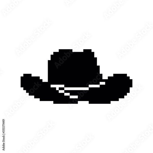 Cowboy hat - black vector icon. Pixel art. 8 bit logo for game. eps10
