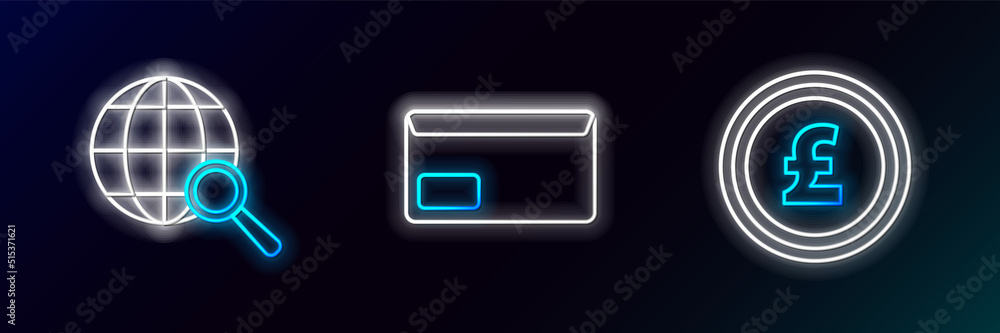 Set line Coin money with pound sterling symbol, Magnifying glass globe and Envelope icon. Glowing neon. Vector Set line Coin money with pound sterling symbol, Magnifying glass globe and Envelope icon. Glowing neon. Vector