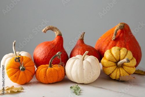 Autumn holiday background with pumpkin set seasonal food