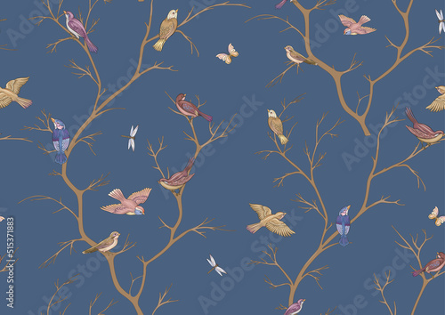 Tree branches against the sky with sparrow, finches, butterflies, dragonflies. Seamless pattern, background. Vector illustration. Chinoiserie, traditional oriental botanical motif. In botanical style