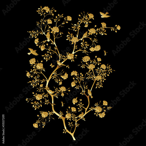 Camellia blossom tree With sparrow, finches, butterflies, dragonflies. Clip art, element for design Vector illustration. In botanical style