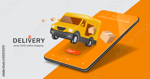 Many brown parcel boxes drifted from the yellow delivery van and all floating in mid-air on an orange smartphone screen,vector 3d for online shopping,delivery,transport advertising concept design