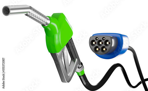 Plug di ricarica veicolo elettrico e pompa della benzina, isolati su sfondo bianco. Illustrazione 3d photo