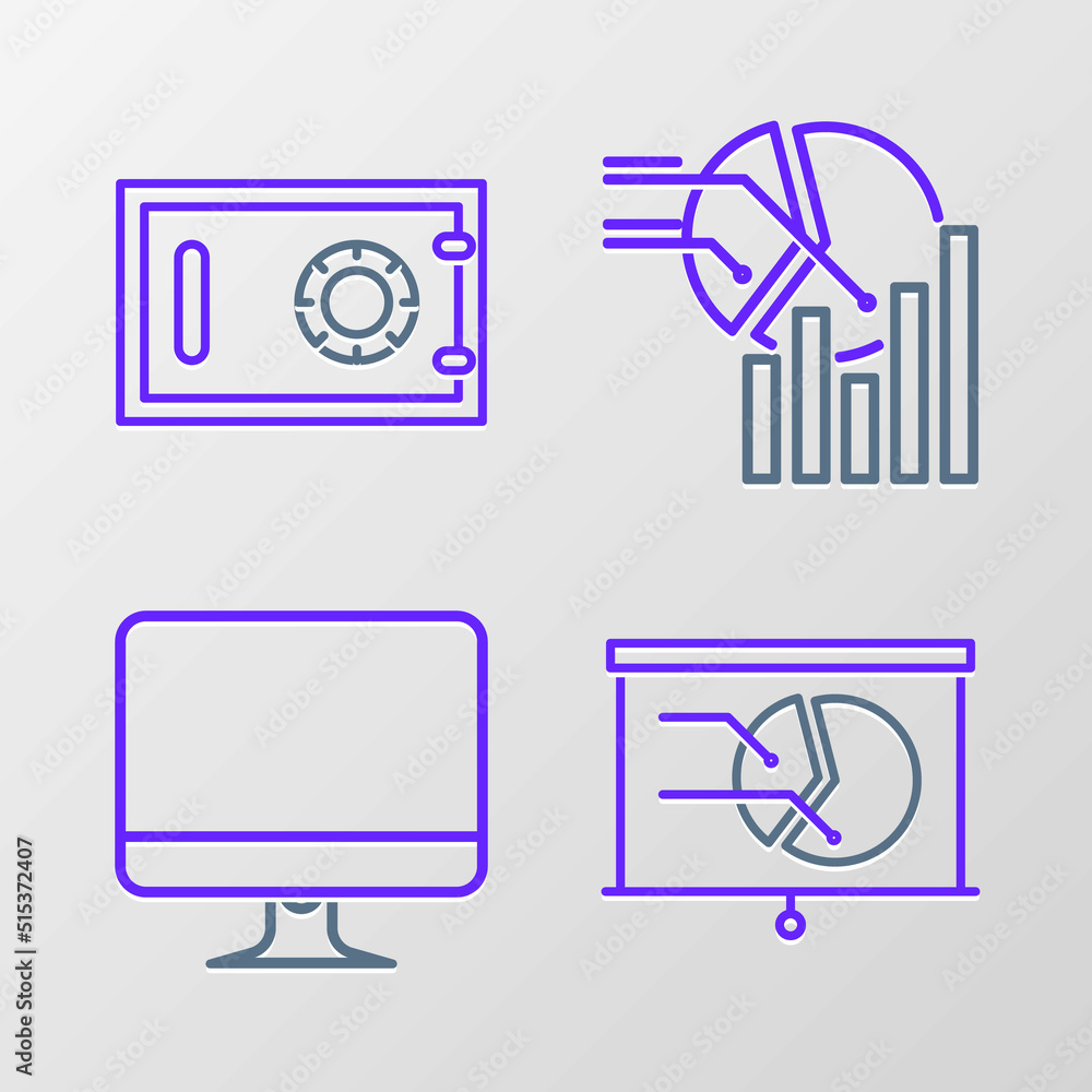 Set line Board with graph chart, Computer monitor screen, Pie infographic and Safe icon. Vector Set line Board with graph chart, Computer monitor screen, Pie infographic and Safe icon. Vector