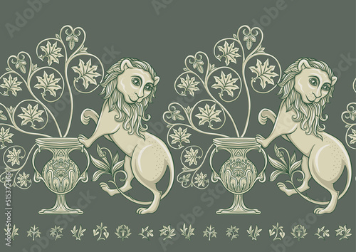 Byzantine traditional historical motifs of animals, birds, flowers and plants Seamless border pattern, linear ornament, ribbon in green. Vector illustration.