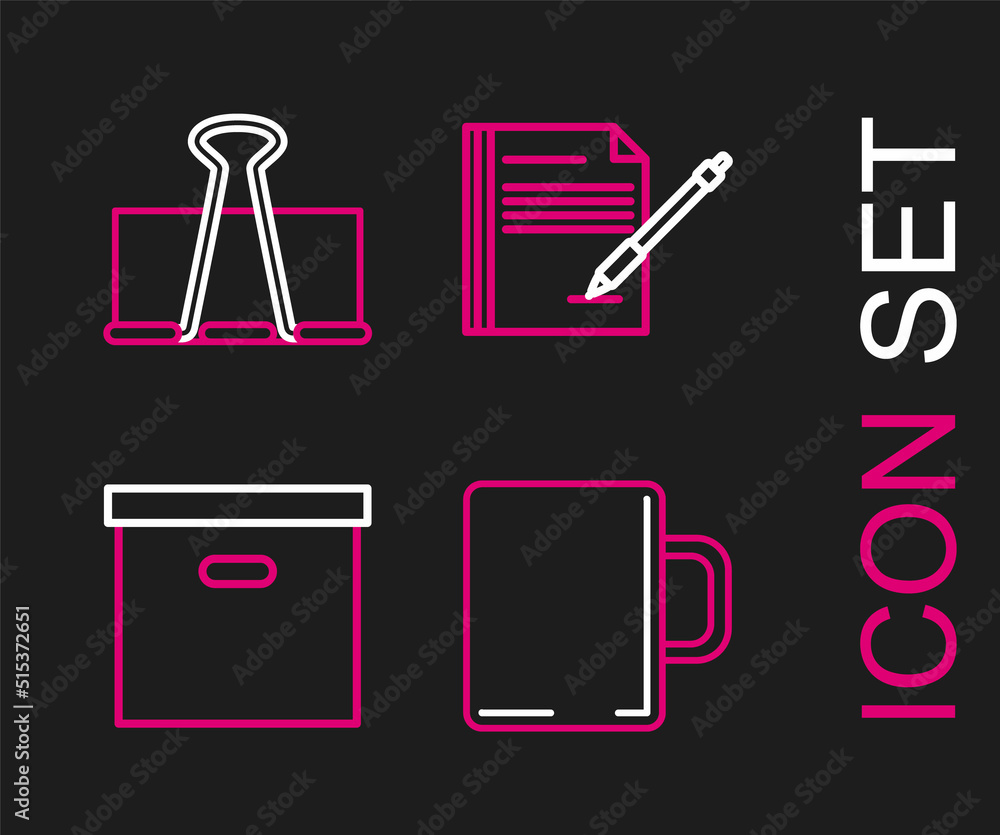 Set line Coffee cup, Carton cardboard box, Blank notebook and pen and Binder clip icon. Vector Set line Coffee cup, Carton cardboard box, Blank notebook and pen and Binder clip icon. Vector