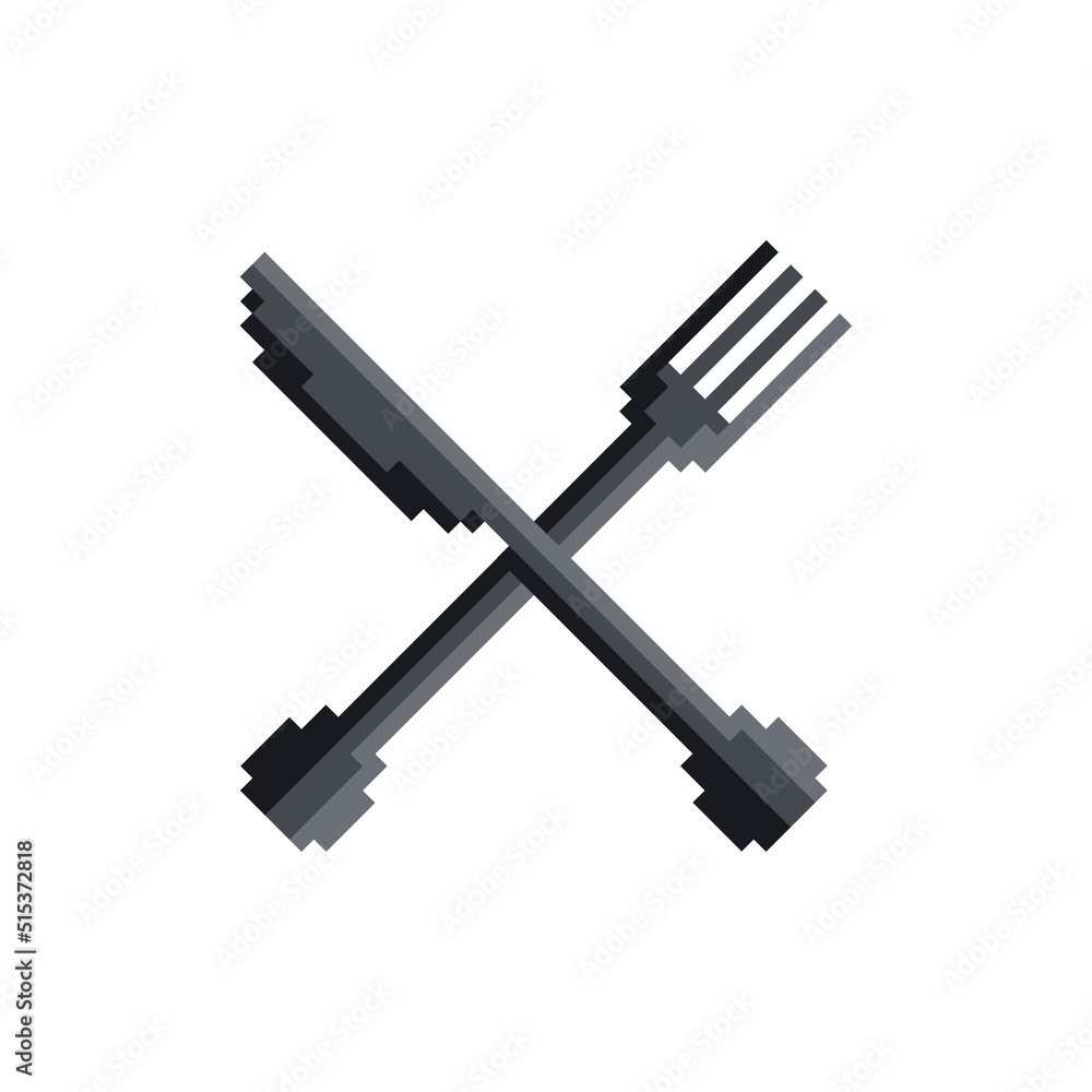 Crossed fork and knife vector icon. Pixel art. 8 bit logo for game. eps10 Crossed fork and knife vector icon. Pixel art. 8 bit logo for game. eps10