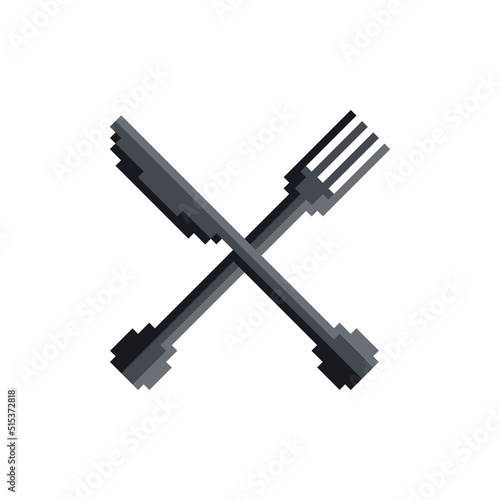 Crossed fork and knife vector icon. Pixel art. 8 bit logo for game. eps10