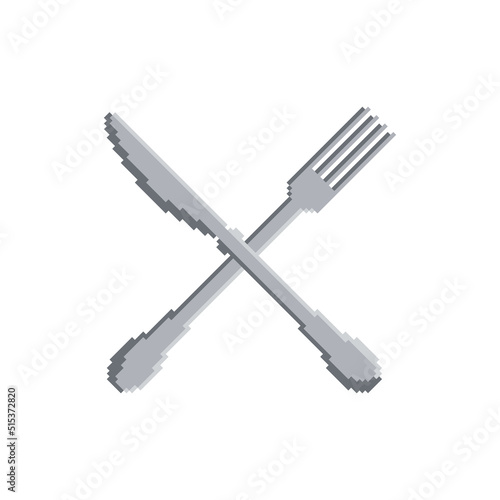 Crossed fork and knife vector icon. Pixel art. 8 bit logo for game. eps10