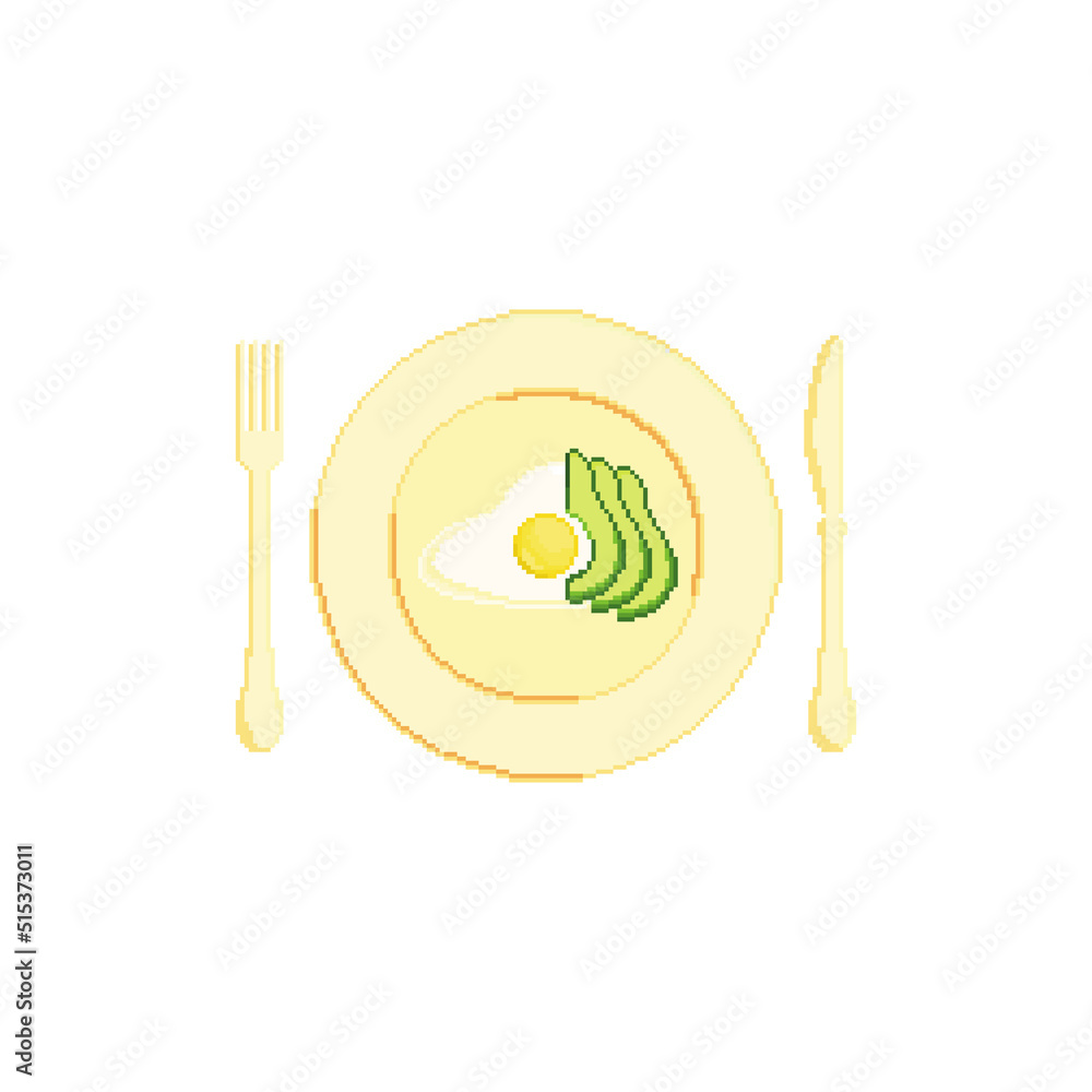 Fried egg with avocado slices served on the plate vector icon. Pixel art. 8 bit logo for game. eps10 Fried egg with avocado slices served on the plate vector icon. Pixel art. 8 bit logo for game. eps10