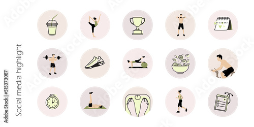 Instagram social media highlight icon for sport fitness  coach, healthy lifestyle, weight loss and self care. vector simple line symbol, logo, infographic