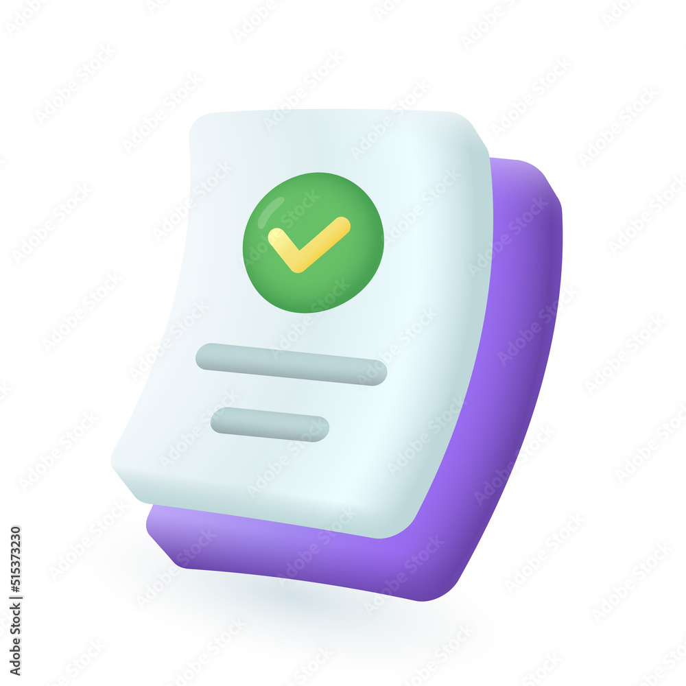 3d cartoon style document with green tick icon. Approved contract, agreement or sheet of paper with checkmark flat vector illustration. Information, success, paperwork concept 3d cartoon style document with green tick icon. Approved contract, agreement or sheet of paper with checkmark flat vector illustration. Information, success, paperwork concept