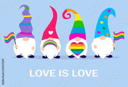 Rainbow LGBT Pride Gnome characters . Love is love slogan